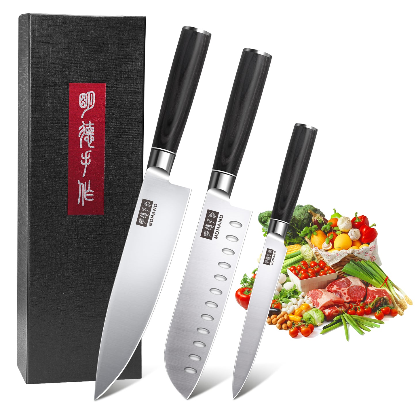 MDHAND Kitchen Knife Set - 3 Piece High-Carbon Stainless Steel Chef Knife Set, Ultra Sharp Professional Knives Set for Meat Vegetables Fruit, Rust Resistant, Ergonomic Handle