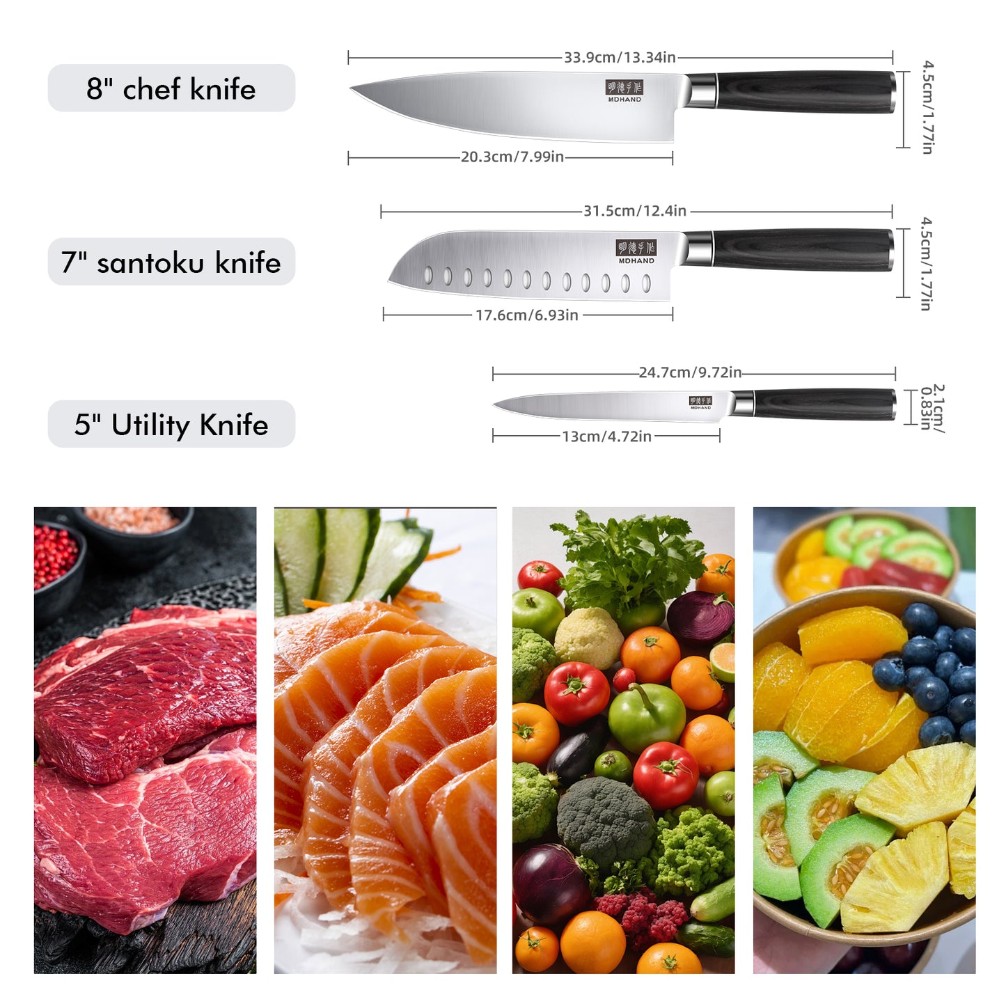 MDHAND Kitchen Knife Set - 3 Piece High-Carbon Stainless Steel Chef Knife Set, Ultra Sharp Professional Knives Set for Meat Vegetables Fruit, Rust Resistant, Ergonomic Handle