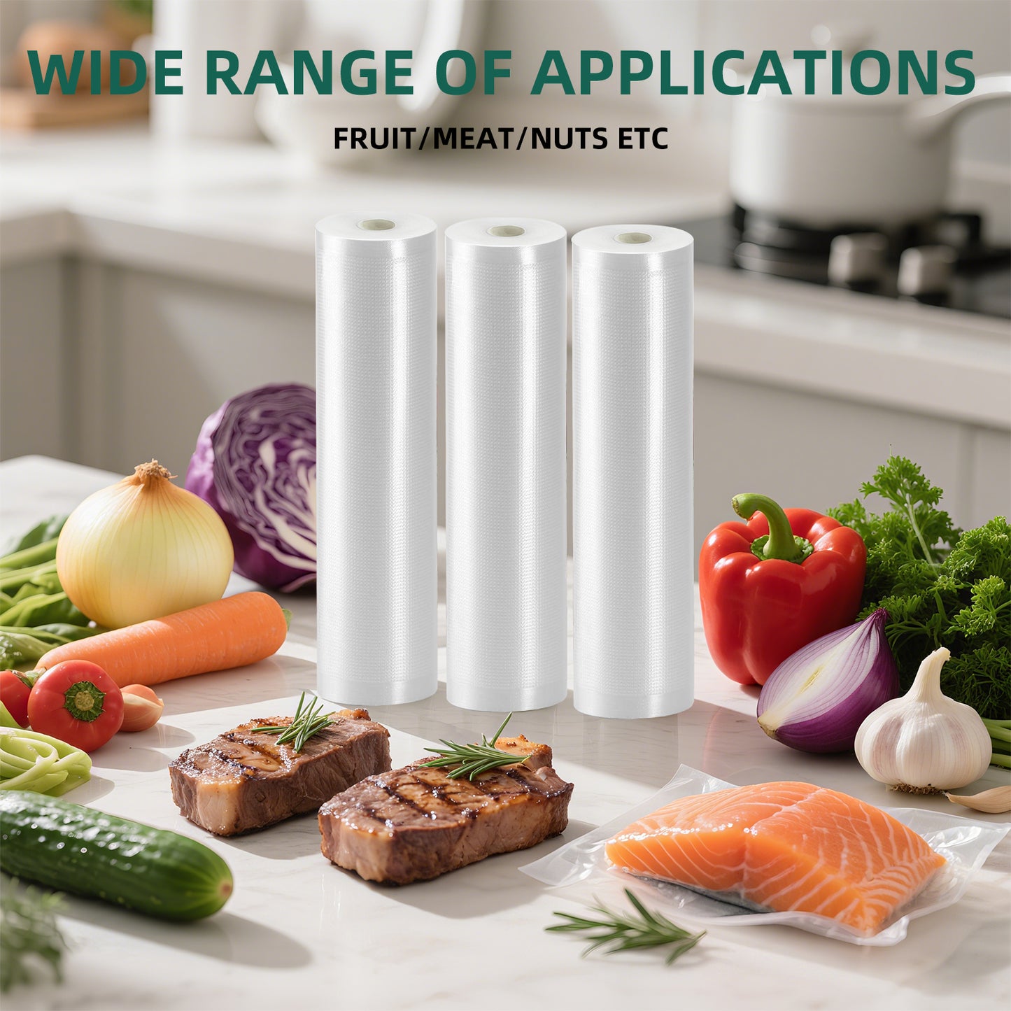 Vacuum Sealer Bags for Food 11in x 20ft x 3Rolls, Food Saver Vacuum Sealer Bags Rolls for Airtight Food Storage, Meal Prep or Sous Vide, Food Saver Bag