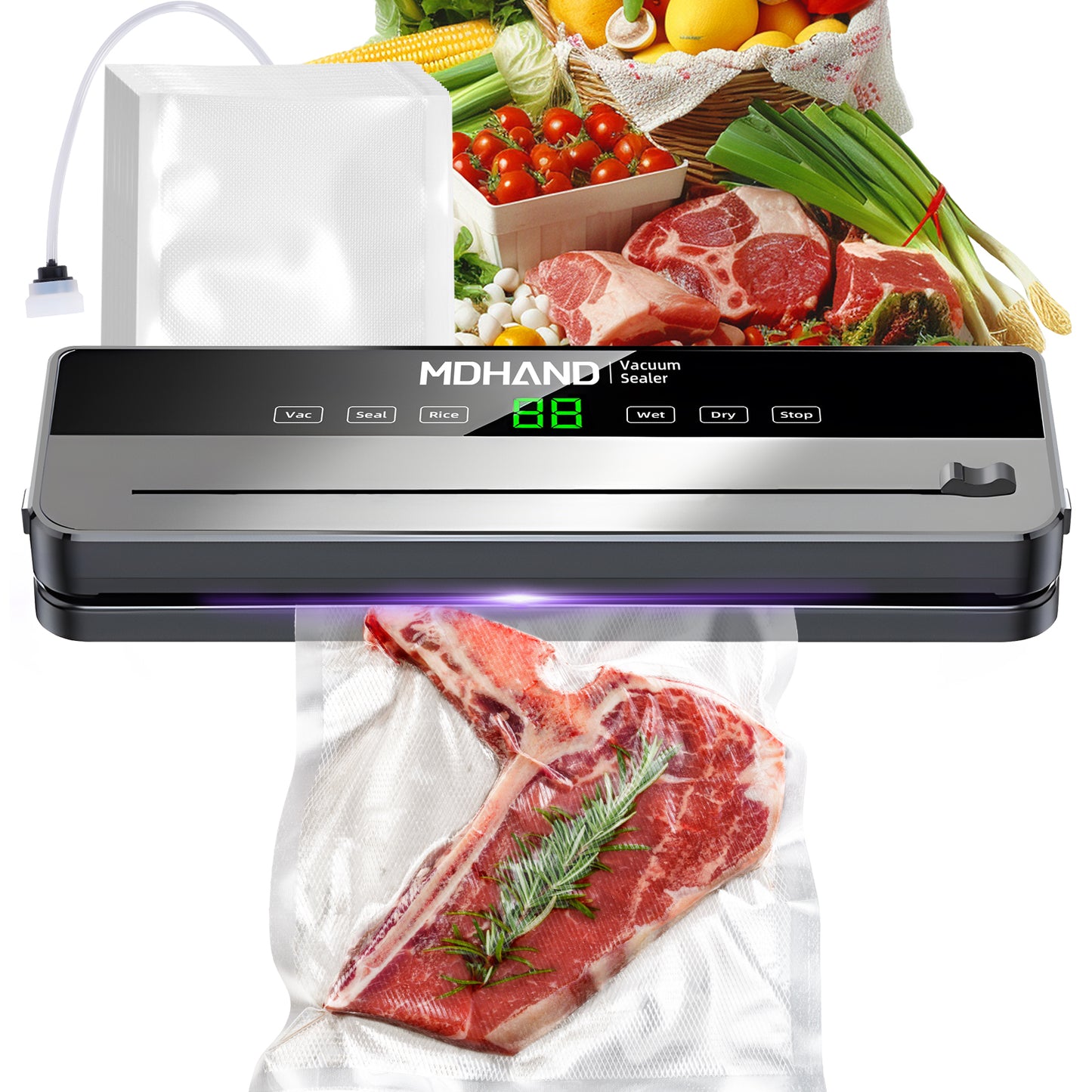 MDHAND Vacuum Sealer, 6 IN 1 Food Saver Vacuum Sealer Machine with 30 Bags & Built-in Cutter, Multi-Functional & High Powerful Vacuum Sealers for Food, Automatic Sealing & Dry & Moist Modes