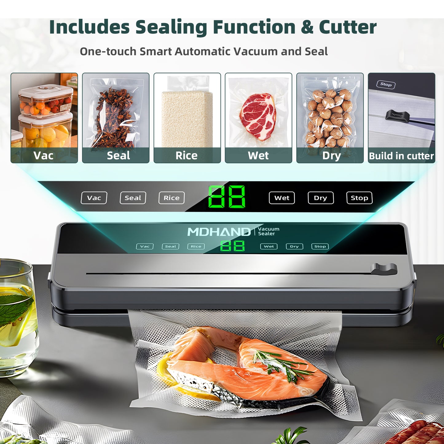 MDHAND Vacuum Sealer, 6 IN 1 Food Saver Vacuum Sealer Machine with 30 Bags & Built-in Cutter, Multi-Functional & High Powerful Vacuum Sealers for Food, Automatic Sealing & Dry & Moist Modes