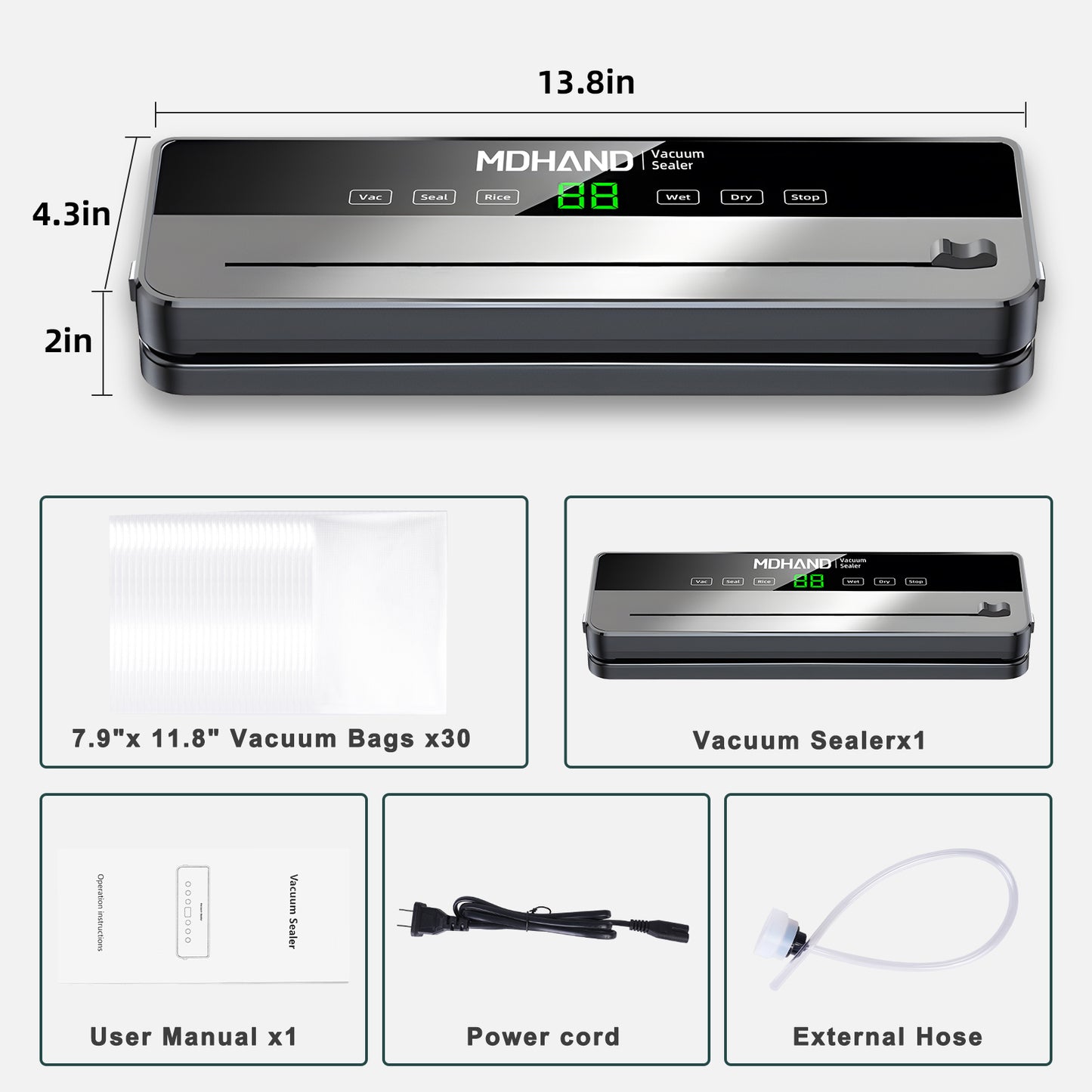 MDHAND Vacuum Sealer, 6 IN 1 Food Saver Vacuum Sealer Machine with 30 Bags & Built-in Cutter, Multi-Functional & High Powerful Vacuum Sealers for Food, Automatic Sealing & Dry & Moist Modes